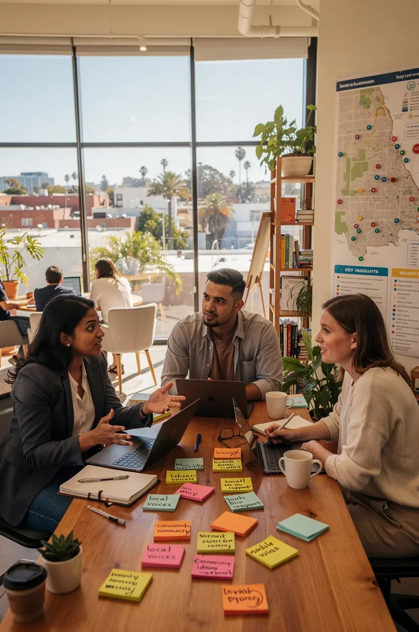 Diverse group of community members engaged in a discussion, sharing local insights and regional perspectives in a collaborative setting